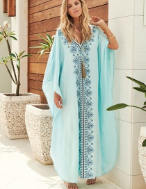 Fashion Blue Embroidered Robe Men's Cotton Embroidered V-neck Sunscreen Blouse