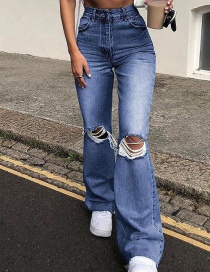 Fashion Dark Blue High-waisted Knee-hole Flared Trousers