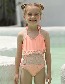 Traje De Baño De Una Pieza Con Cuello Halter Y Encaje Para Niños