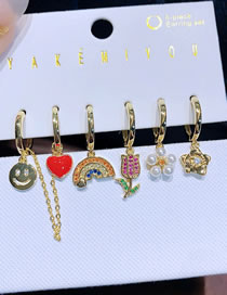 Juego De Aretes Con Circonita Arcoíris Corazón Flor Perla Y Cara Sonriente En Cobre