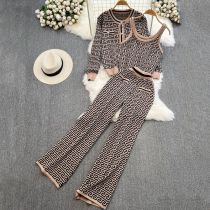 Fashion Brown Acrylic Jacquard Cardigan Camisole Pants Set