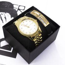 Fashion Gold Watch + National Pattern Bracelet + Box Stainless Steel Round Watch + National Pattern Bracelet