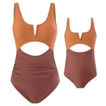 Traje De Baño De Una Pieza Para Padres E Hijos Con Huecos Y Bloques De Color De Poliéster