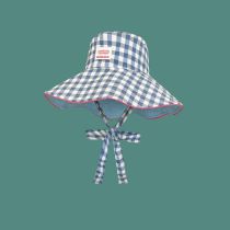 Fashion Double-sided Tie Bucket Hat Blue Plaid Printed Drawstring Bucket Hat