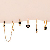 Fashion Black Copper Inlaid Zircon Oil Dripping Five-pointed Star Heart Earrings 6-piece Set