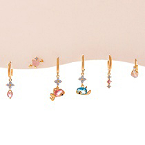 Fashion Color Copper Inlaid Zircon Heart Fish Pearl Earrings 6-piece Set
