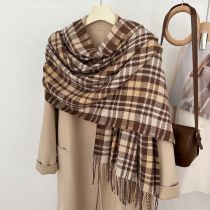 5# Coffee Color Faux Cashmere Plaid Tassel Scarf