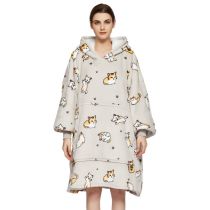 Light Gray Cat Flannel Double Pocket Hooded Sweater Blanket
