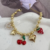 Pulsera De Cuentas De Cobre Con Forma De Corazón De Cereza Y Fresa (6 Mm)
