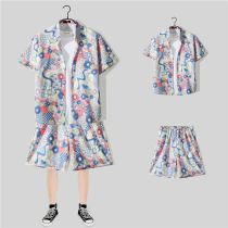 Set 42# Polyester Printed Lapel Shirt Shorts Set