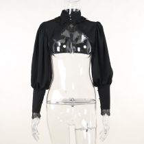 Top De Encaje Con Cuello Alto Y Mangas Abullonadas